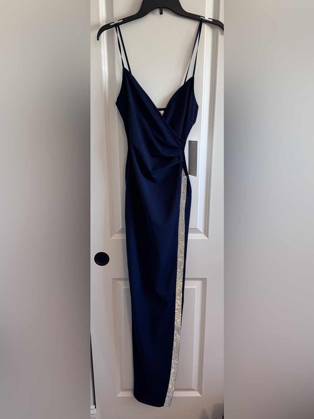 Honey and Rosie Navy Rhinestone Slit formal Dress